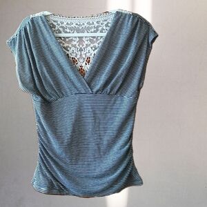 Heart Soul Blouse Top Lace Back Ruched Stripe Black & Cream Juniors Large